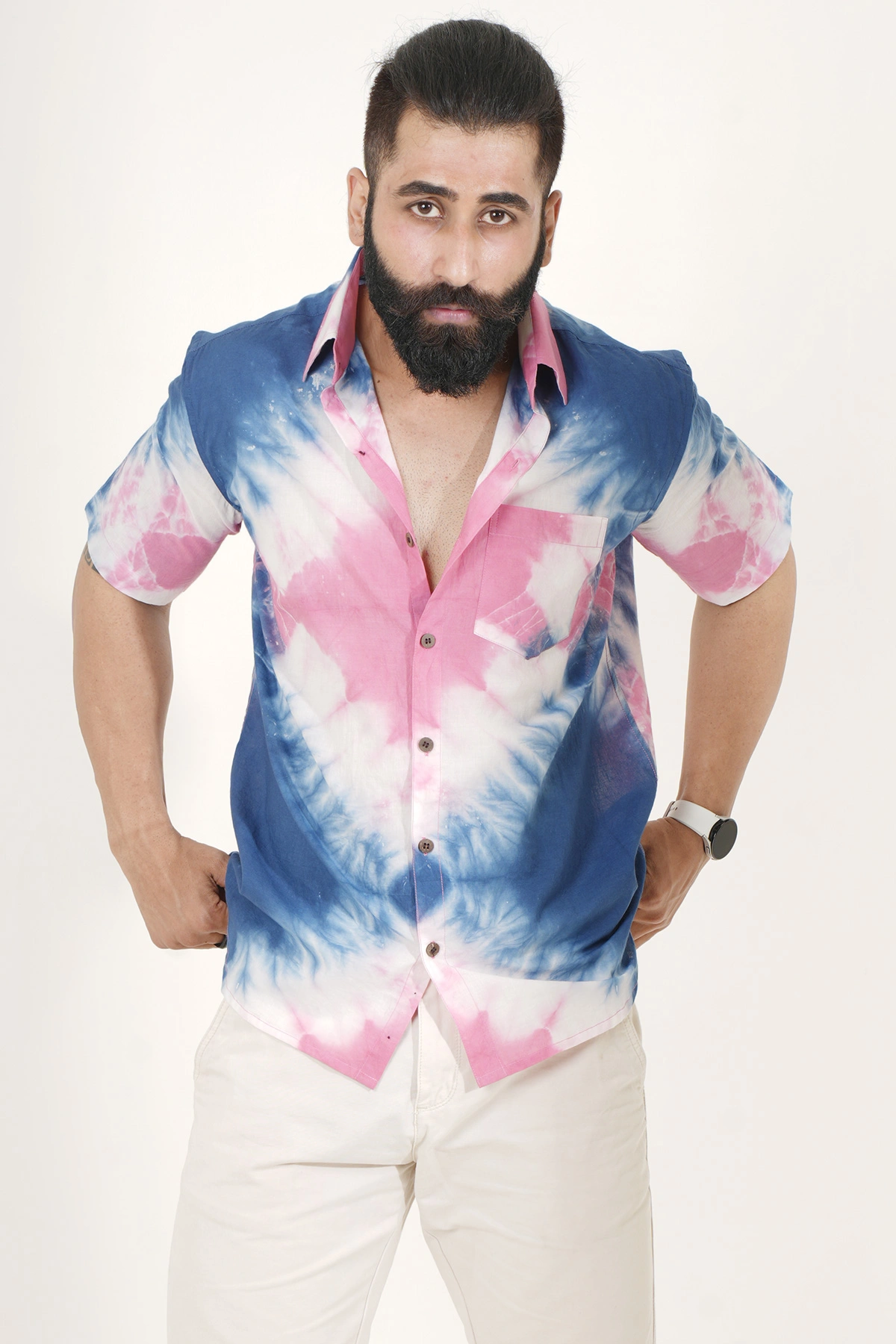 Pink and Blue color shirt Tie N Dye handmade half sleeves Cotton shirt-1