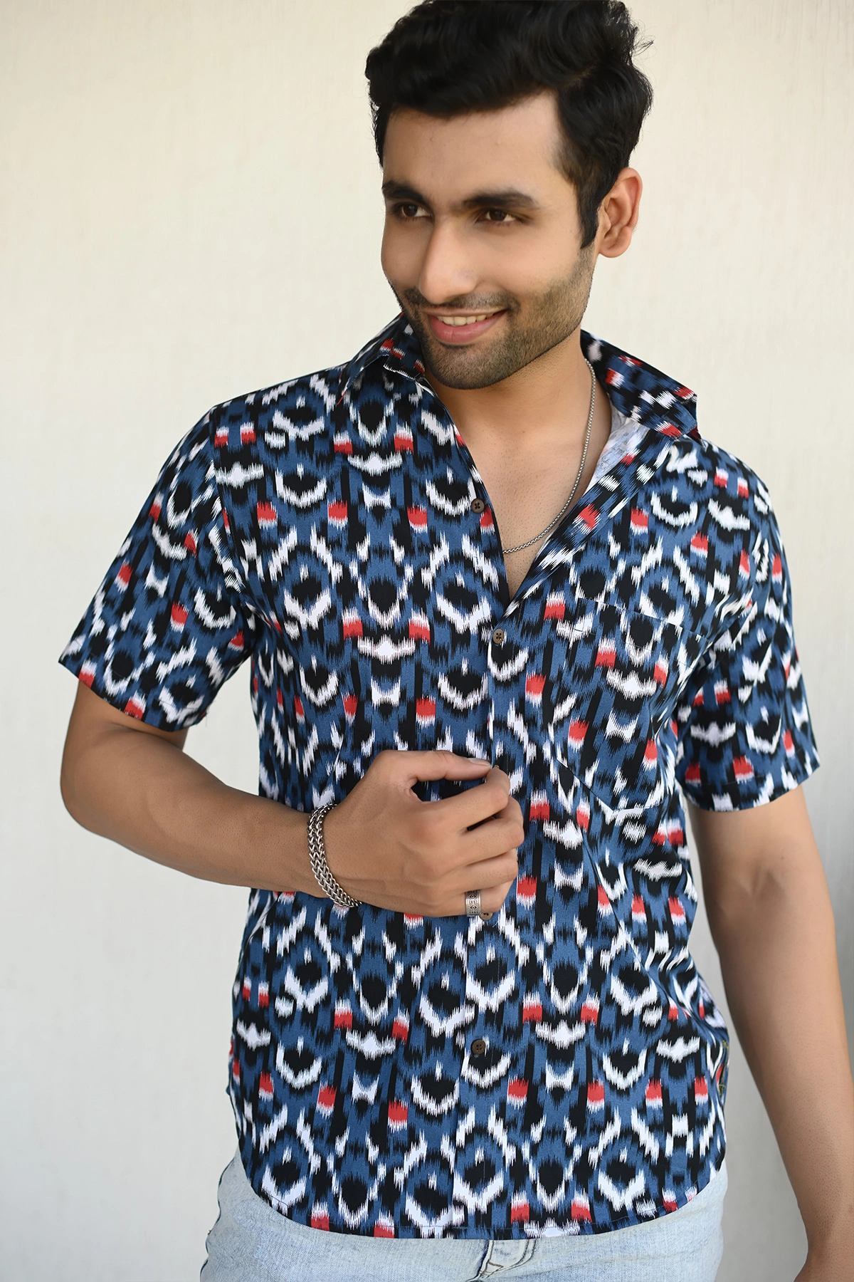 Blue Ikkat  print cotton shirt half sleeves-12382214