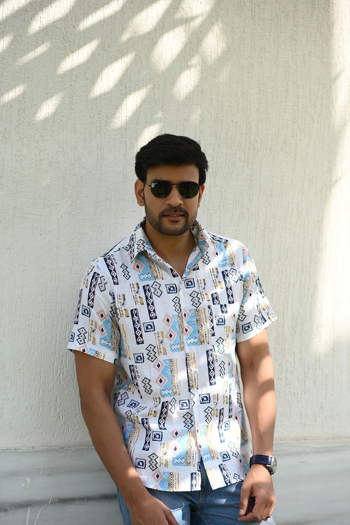 White Blocks Slub  print cotton shirt half sleeves-3