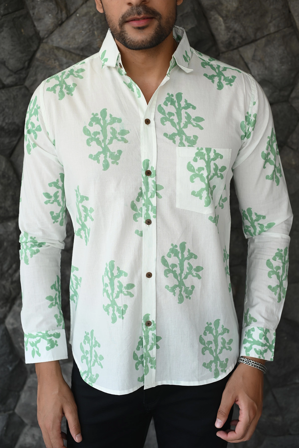 White Motif  print cotton shirt full sleeves-2