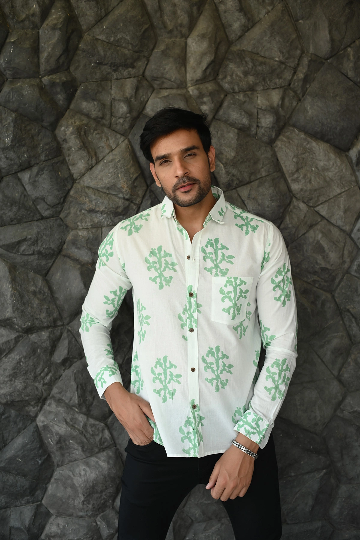 White Motif  print cotton shirt full sleeves-3