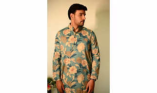 French Blue with Big Floral print full sleeves pure Cotton Long Kurta