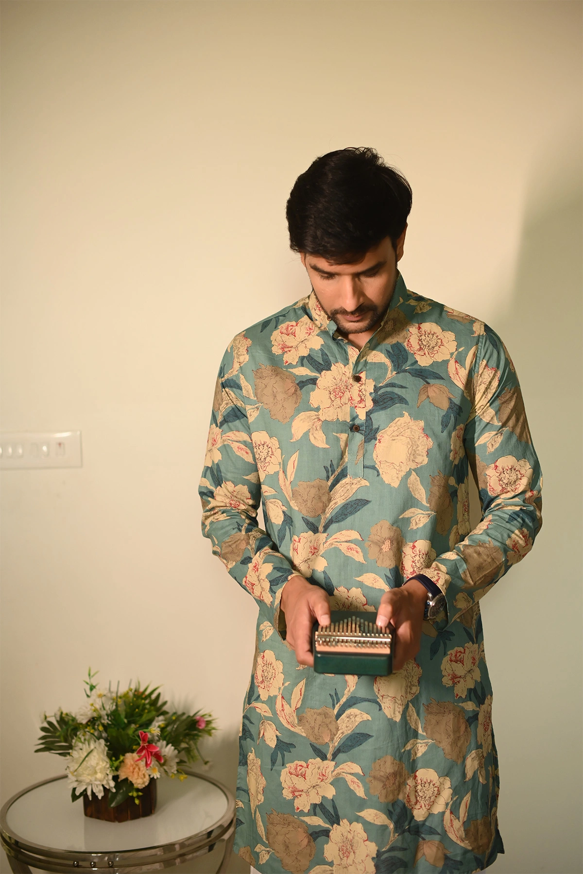 French Blue with Big Floral print full sleeves pure Cotton Long Kurta-2