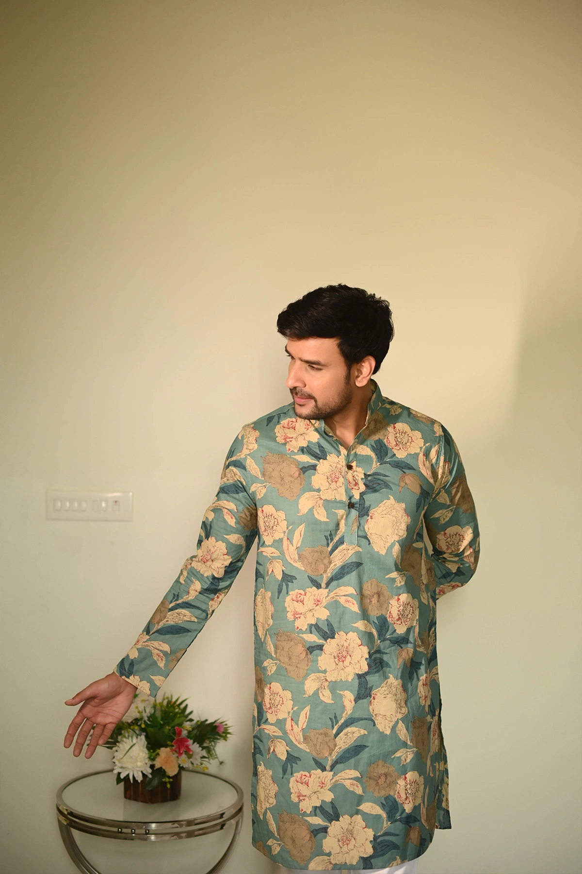 French Blue with Big Floral print full sleeves pure Cotton Long Kurta-4