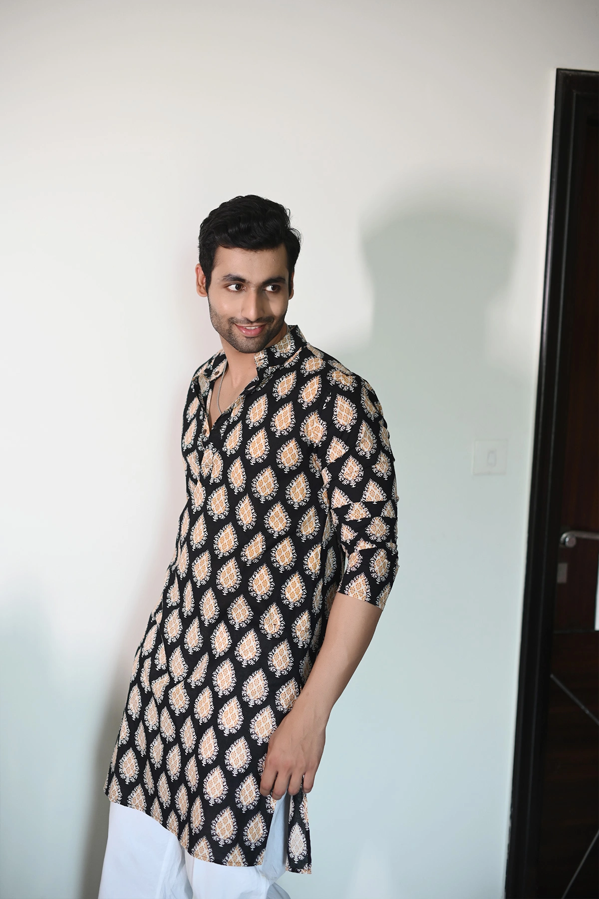 Black Yellow Paan print full sleeves pure Cotton Long Kurta-1