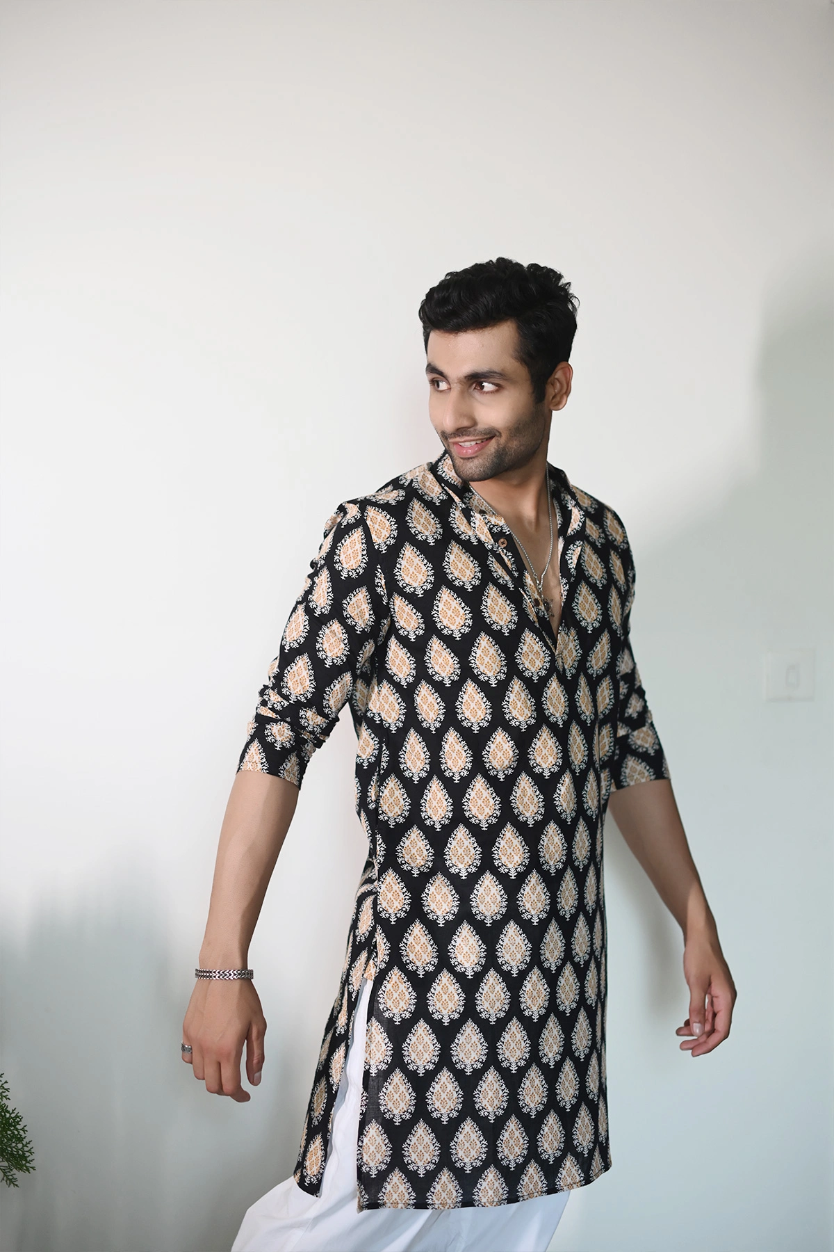 Black Yellow Paan print full sleeves pure Cotton Long Kurta-3