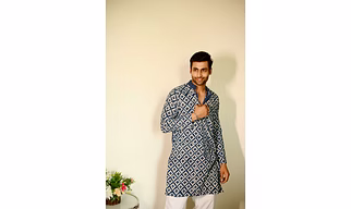 Blue White Flowers, Hand Block print designer full sleeves pure Cotton Long Kurta