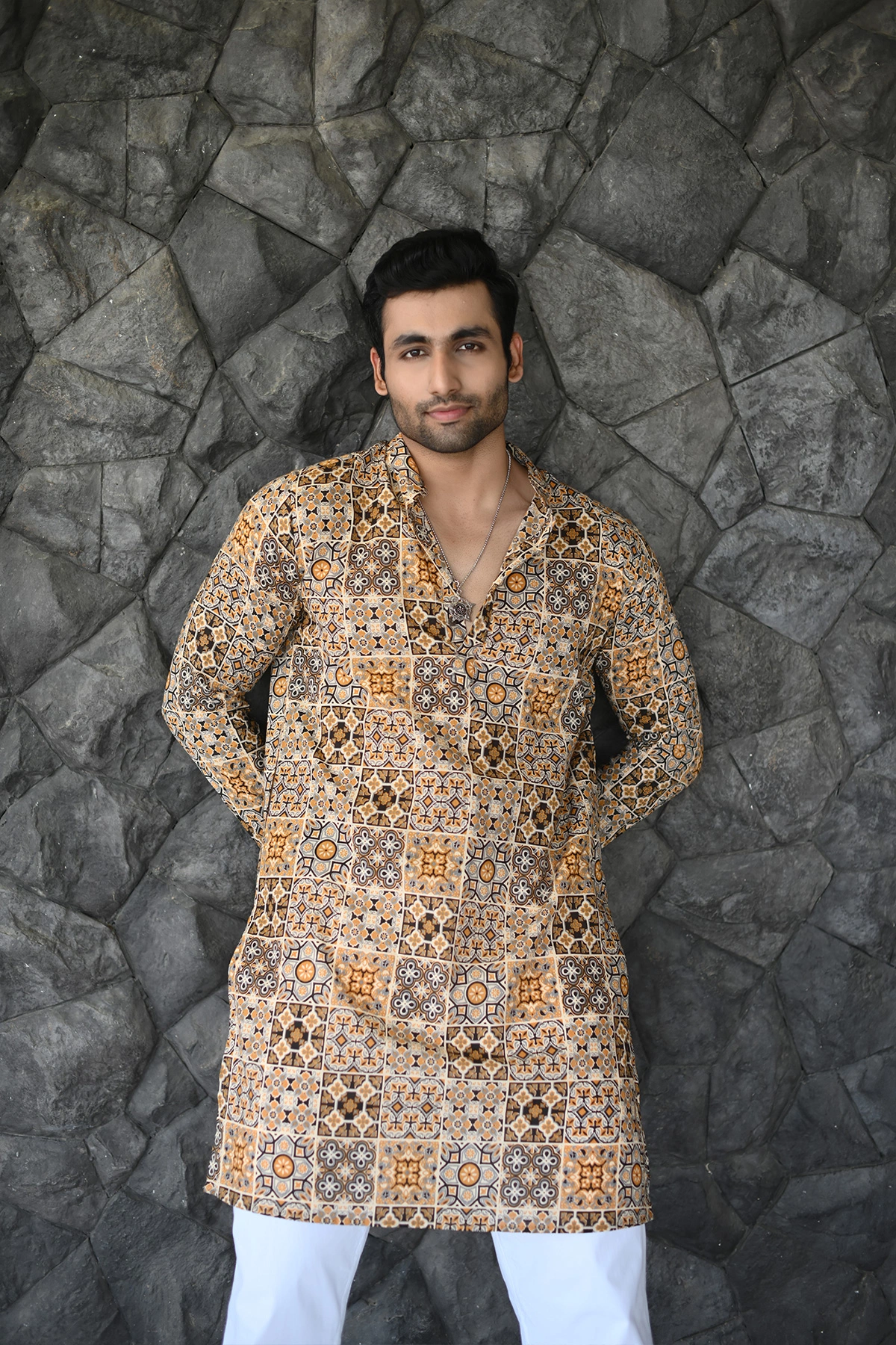 Moroccan Yellow print full sleeves pure Cotton Long Kurta-12404056