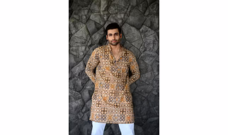 Moroccan Yellow print full sleeves pure Cotton Long Kurta
