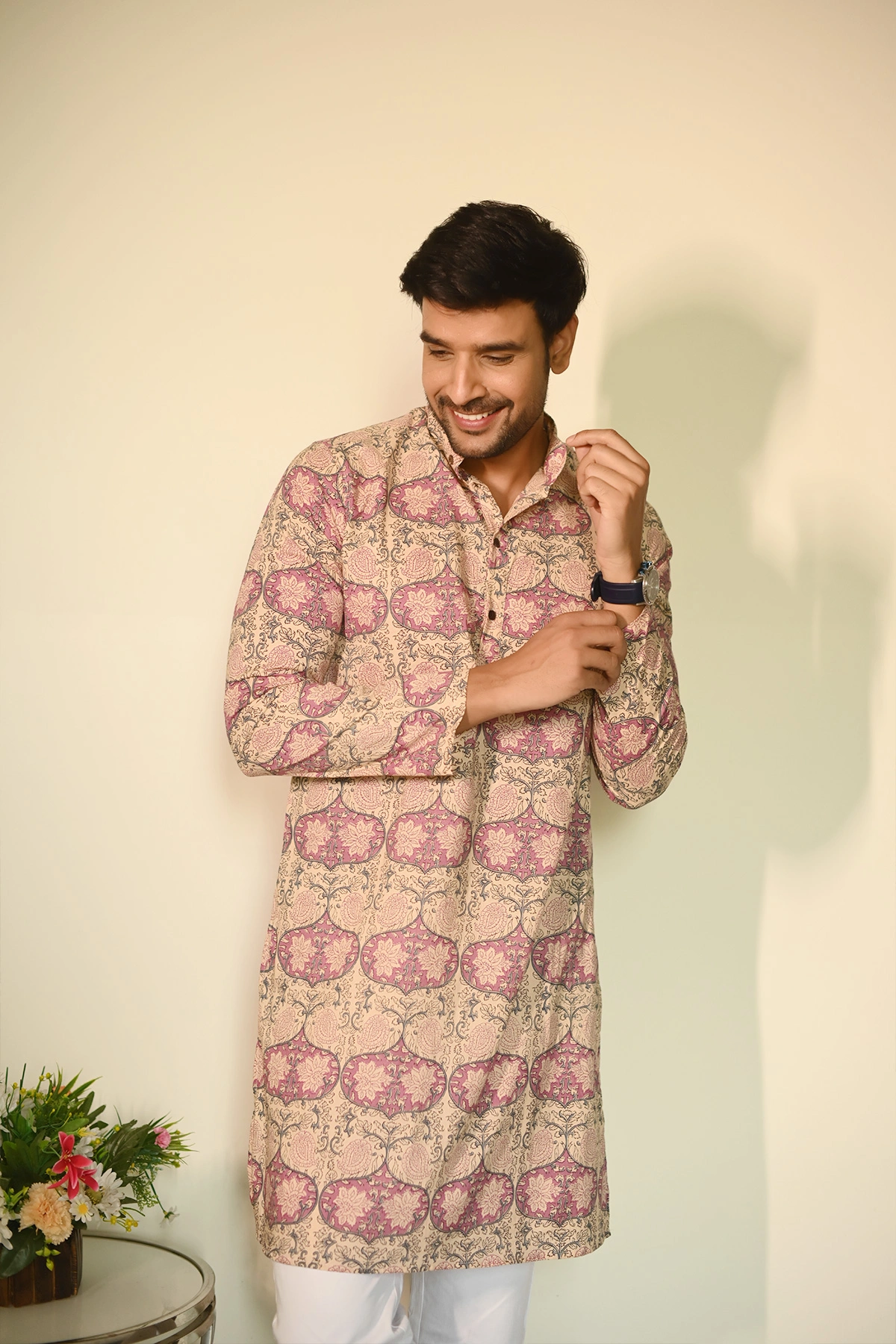 Arabic Pink print designer full sleeves pure Cotton Long Kurta-1