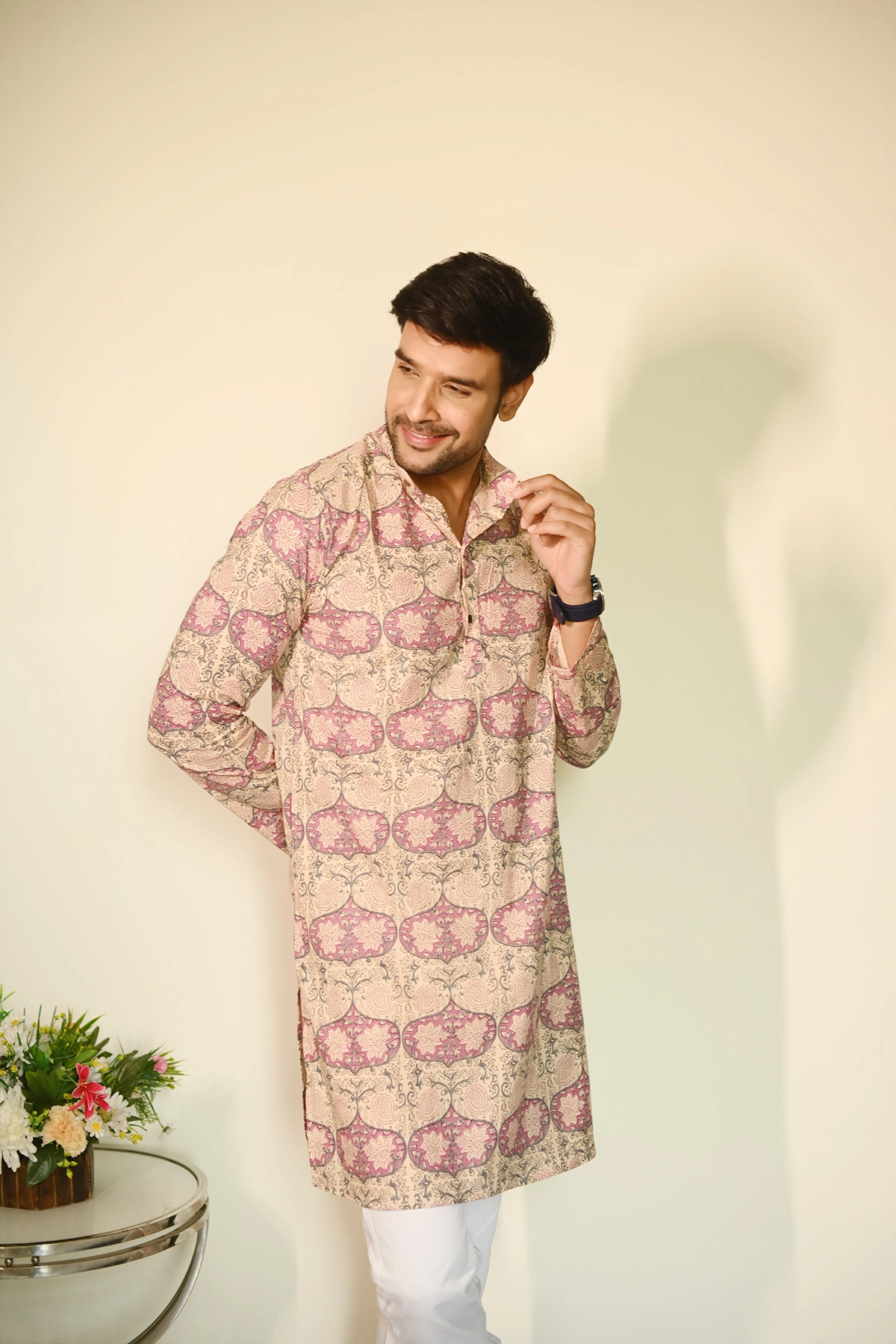 Arabic Pink print designer full sleeves pure Cotton Long Kurta-2