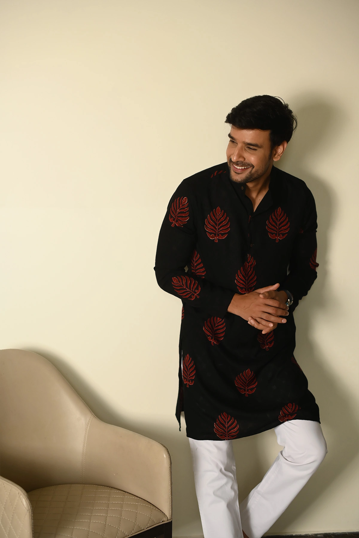 Black Dobby Fabric with classic Red leaf print designer full sleeves Long Kurta-12404072