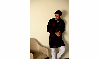 Black Dobby Fabric with classic Red leaf print designer full sleeves Long Kurta