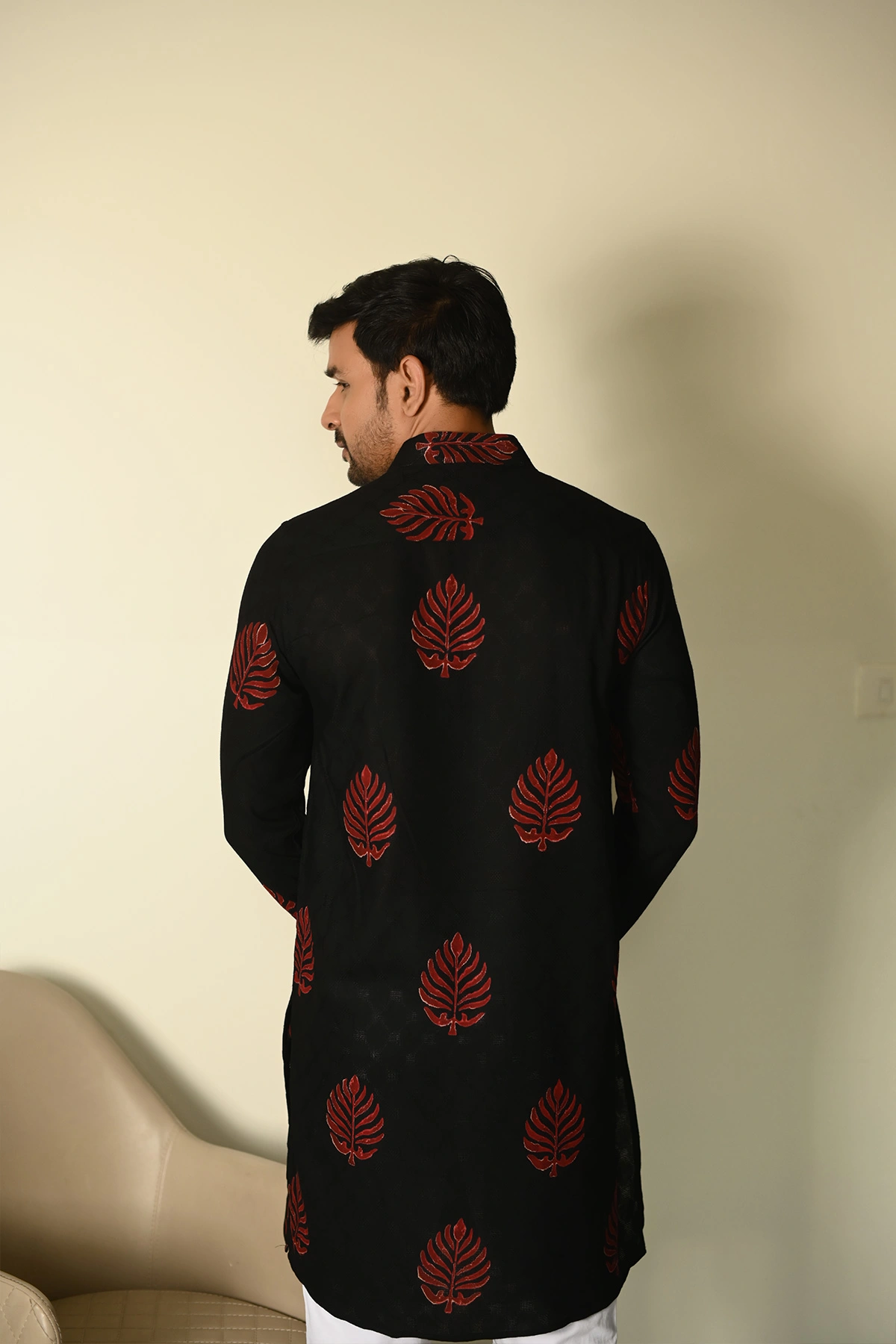 Black Dobby Fabric with classic Red leaf print designer full sleeves Long Kurta-1