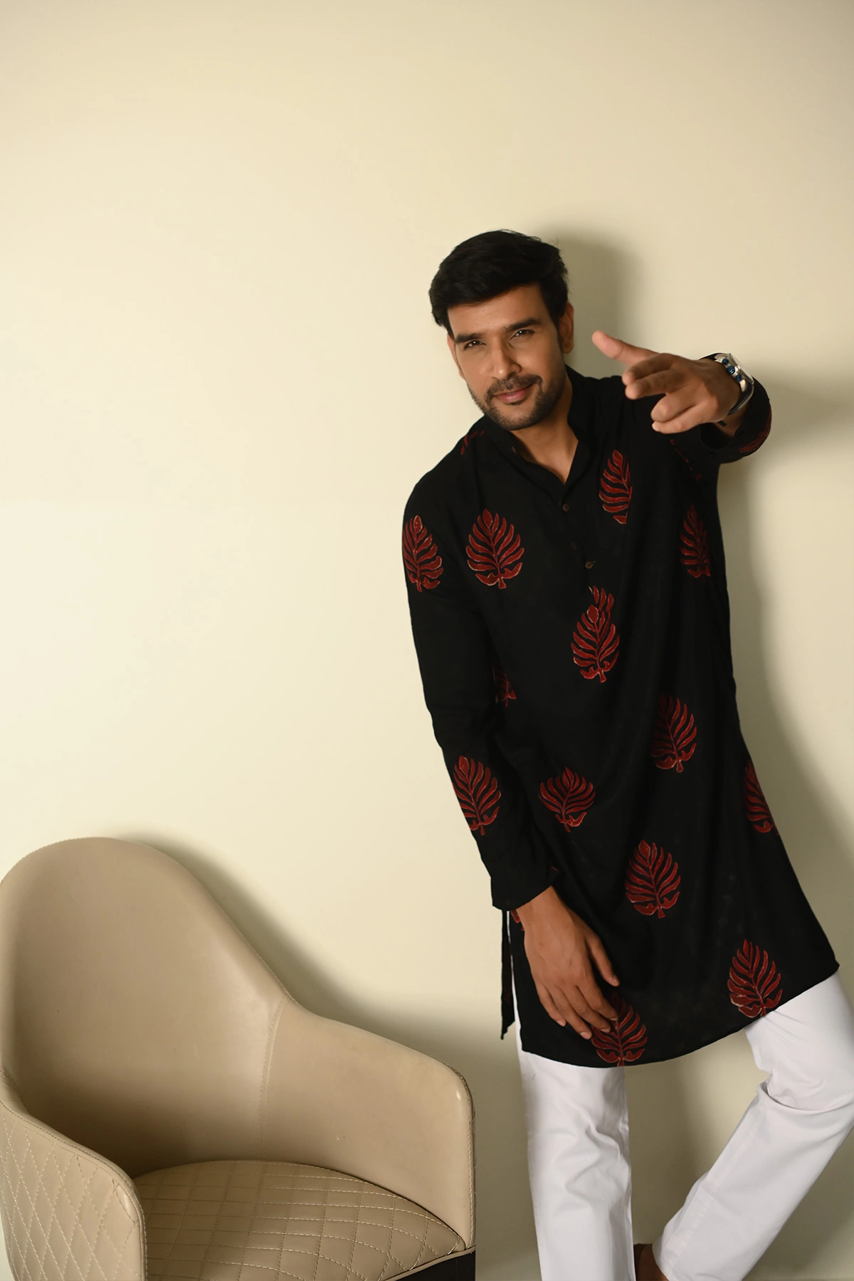 Black Dobby Fabric with classic Red leaf print designer full sleeves Long Kurta-2