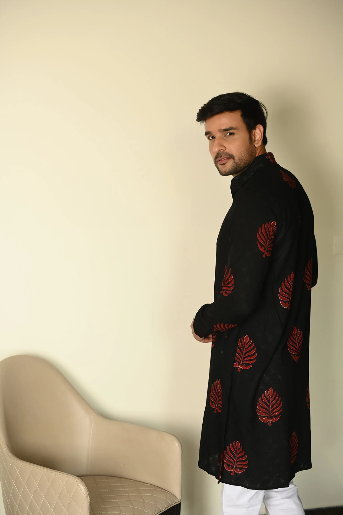 Black Dobby Fabric with classic Red leaf print designer full sleeves Long Kurta-3