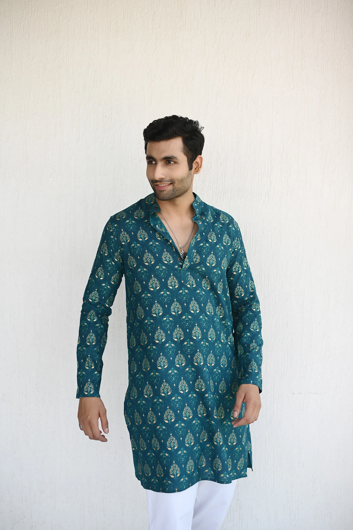 Teal color with Golden print designer full sleeves Long Kurta-12404082