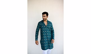 Teal color with Golden print designer full sleeves Long Kurta