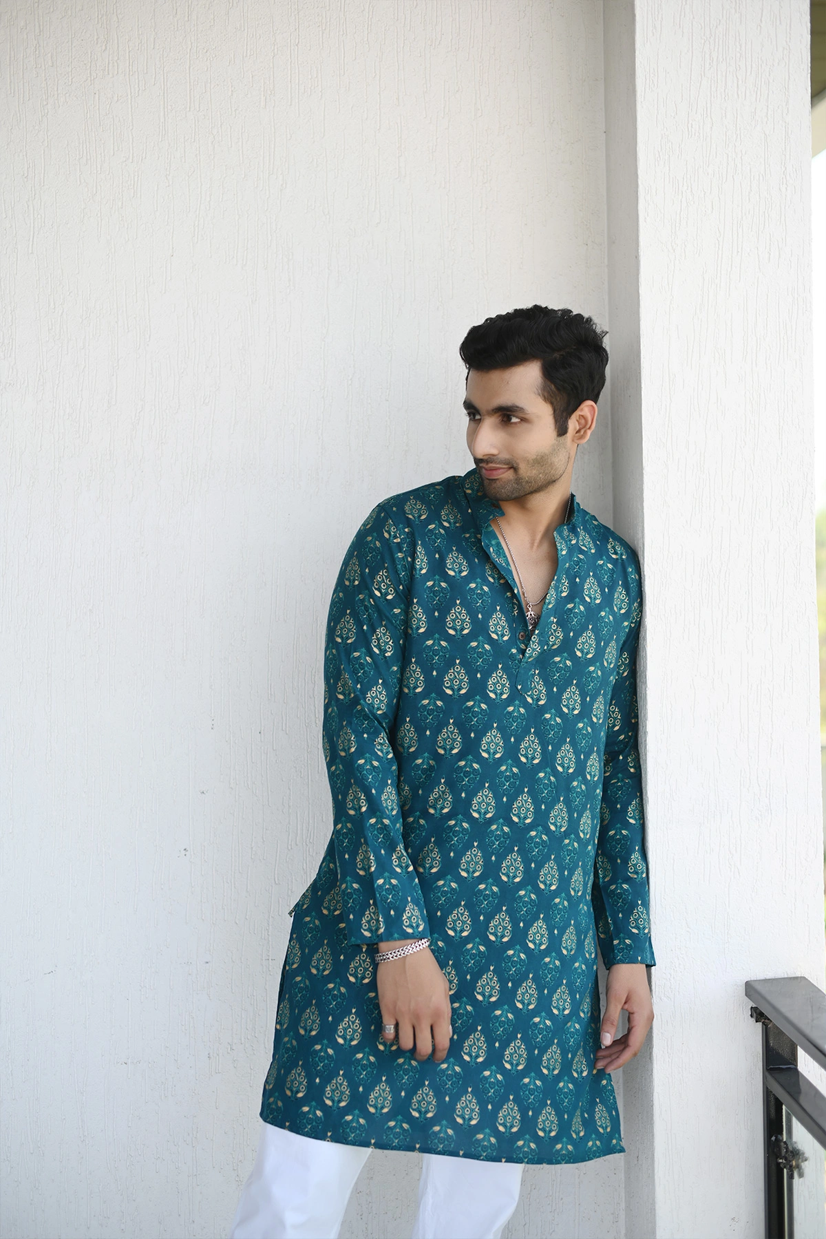 Teal color with Golden print designer full sleeves Long Kurta-1