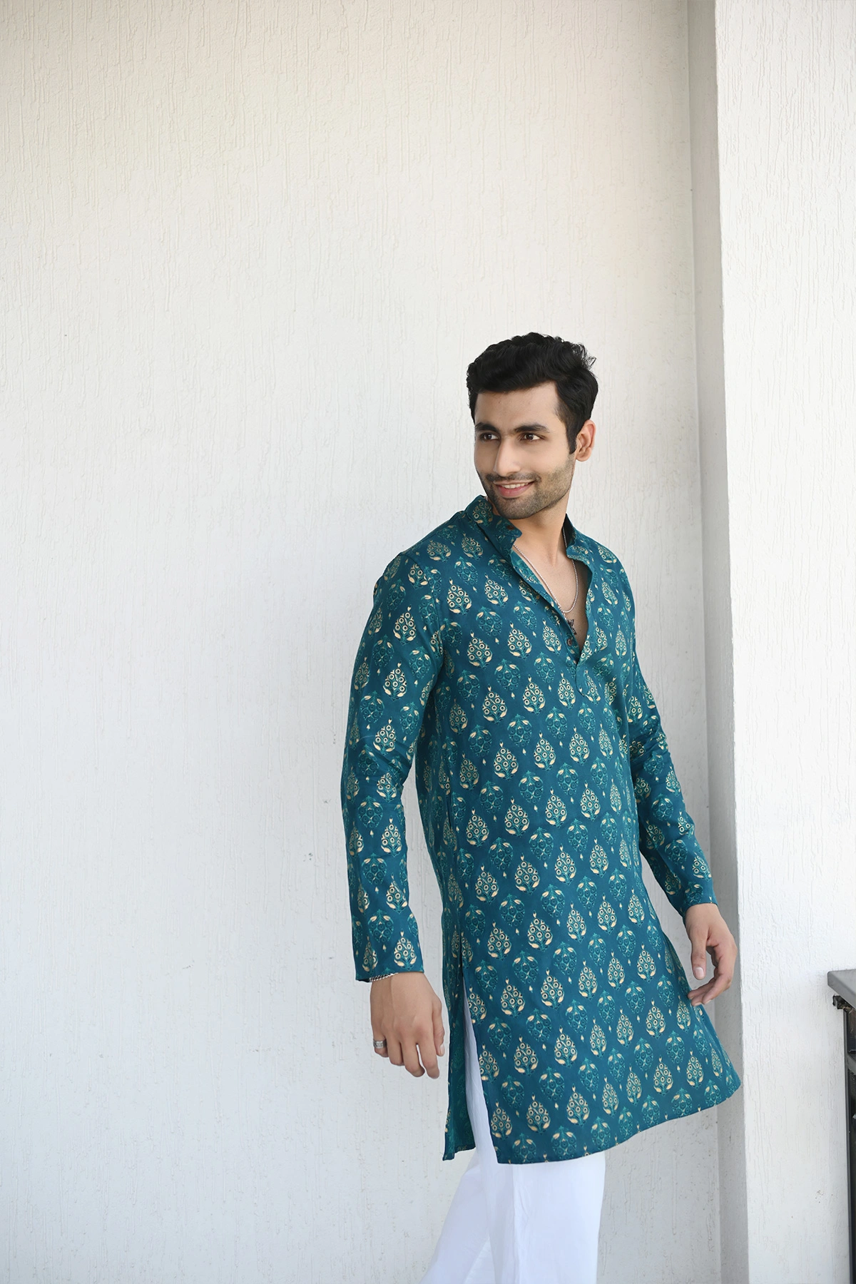 Teal color with Golden print designer full sleeves Long Kurta-2