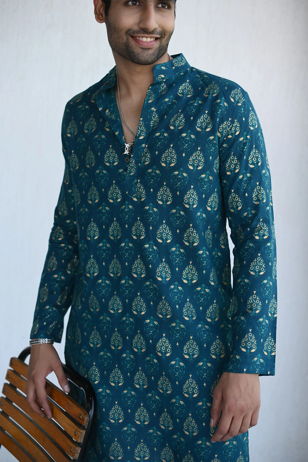 Teal color with Golden print designer full sleeves Long Kurta-3