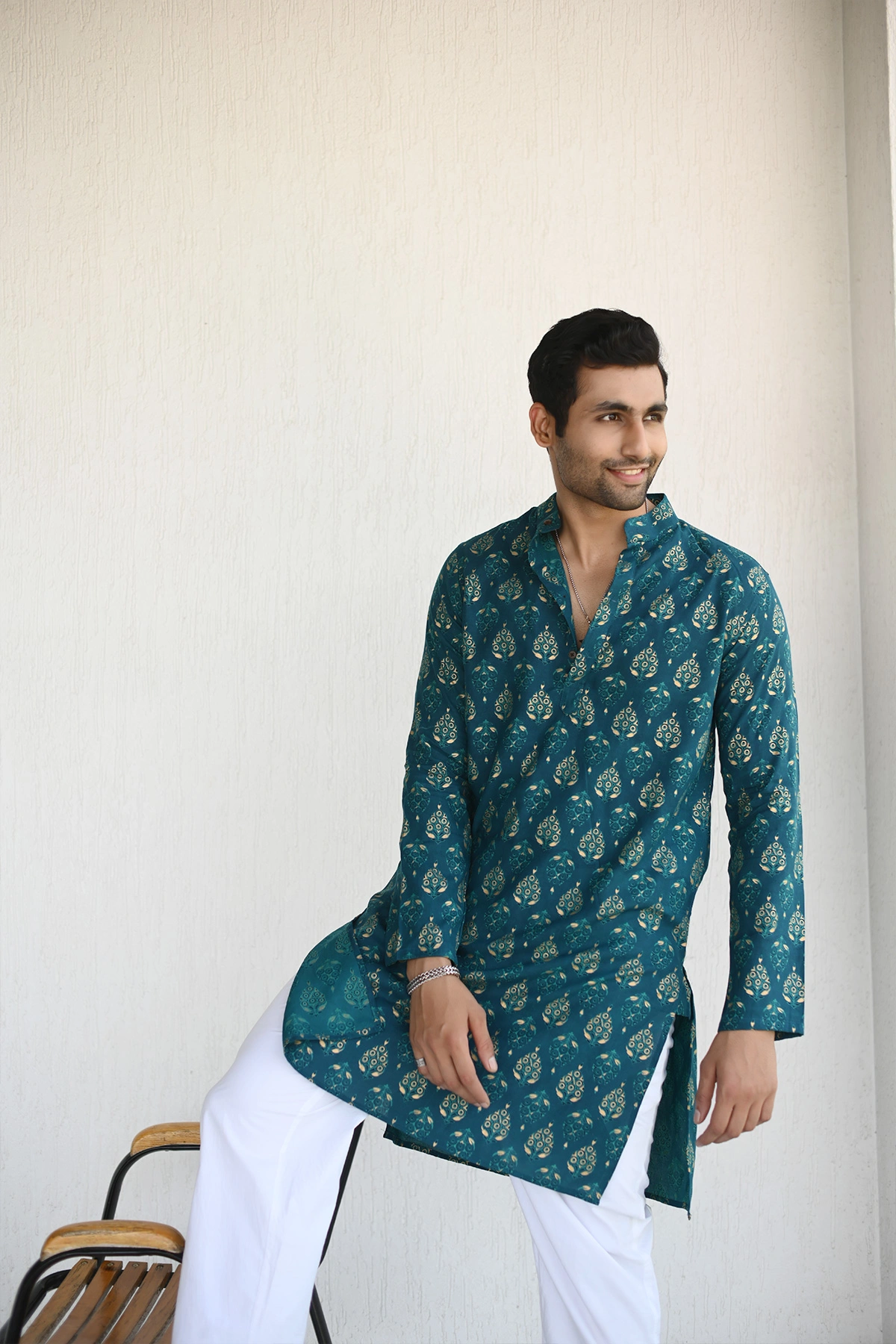 Teal color with Golden print designer full sleeves Long Kurta-4