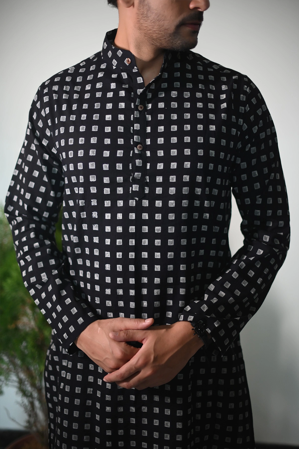 Black with Squares, Hand Block print designer full sleeves pure Cotton Long Kurta-12404100