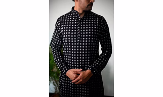 Black with Squares, Hand Block print designer full sleeves pure Cotton Long Kurta