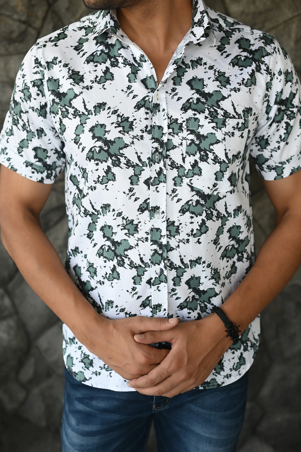 Green Spray print cotton shirt half sleeves-4