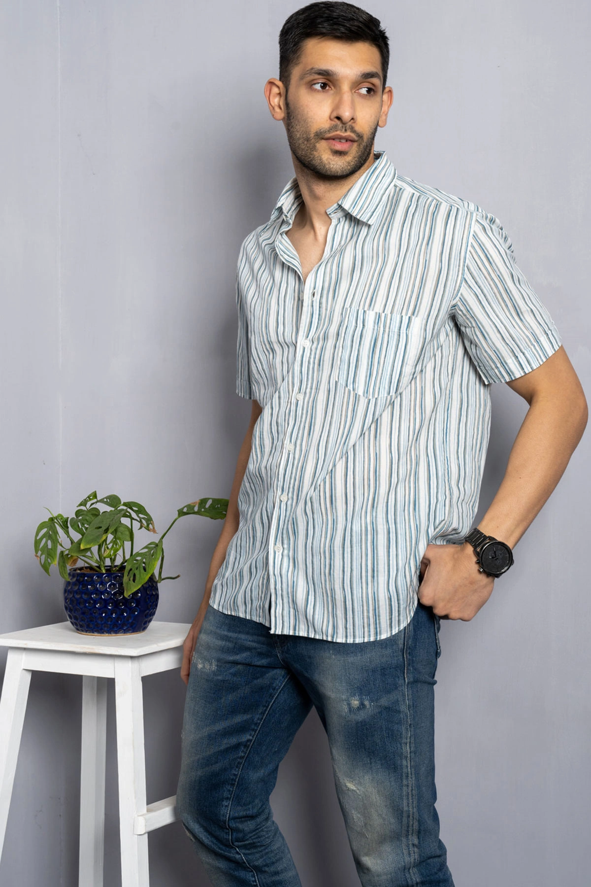 White color Blue stripes print cotton shirt for summers half sleeves-12409302