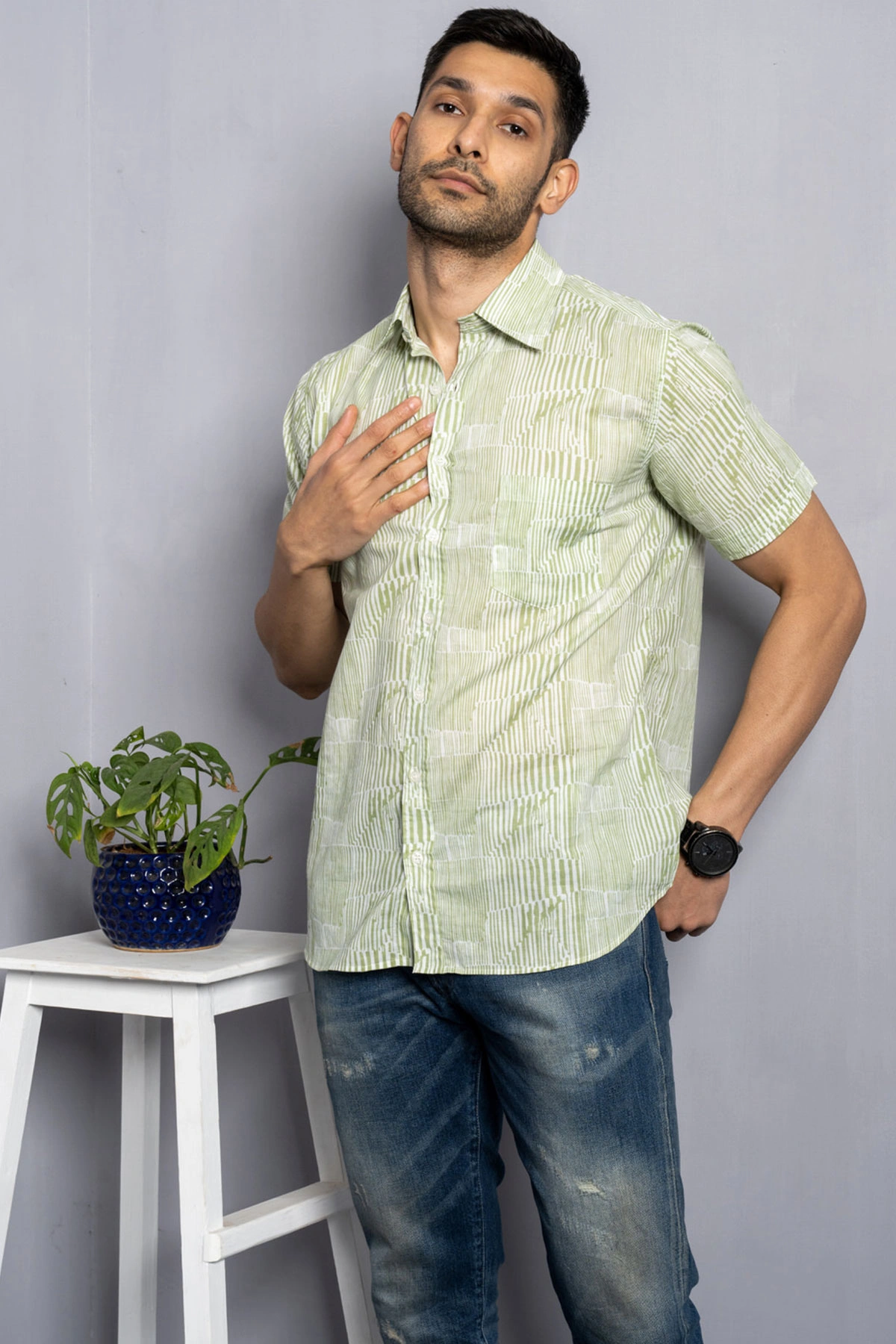 Green Lines print cotton shirt for summers half sleeves-3