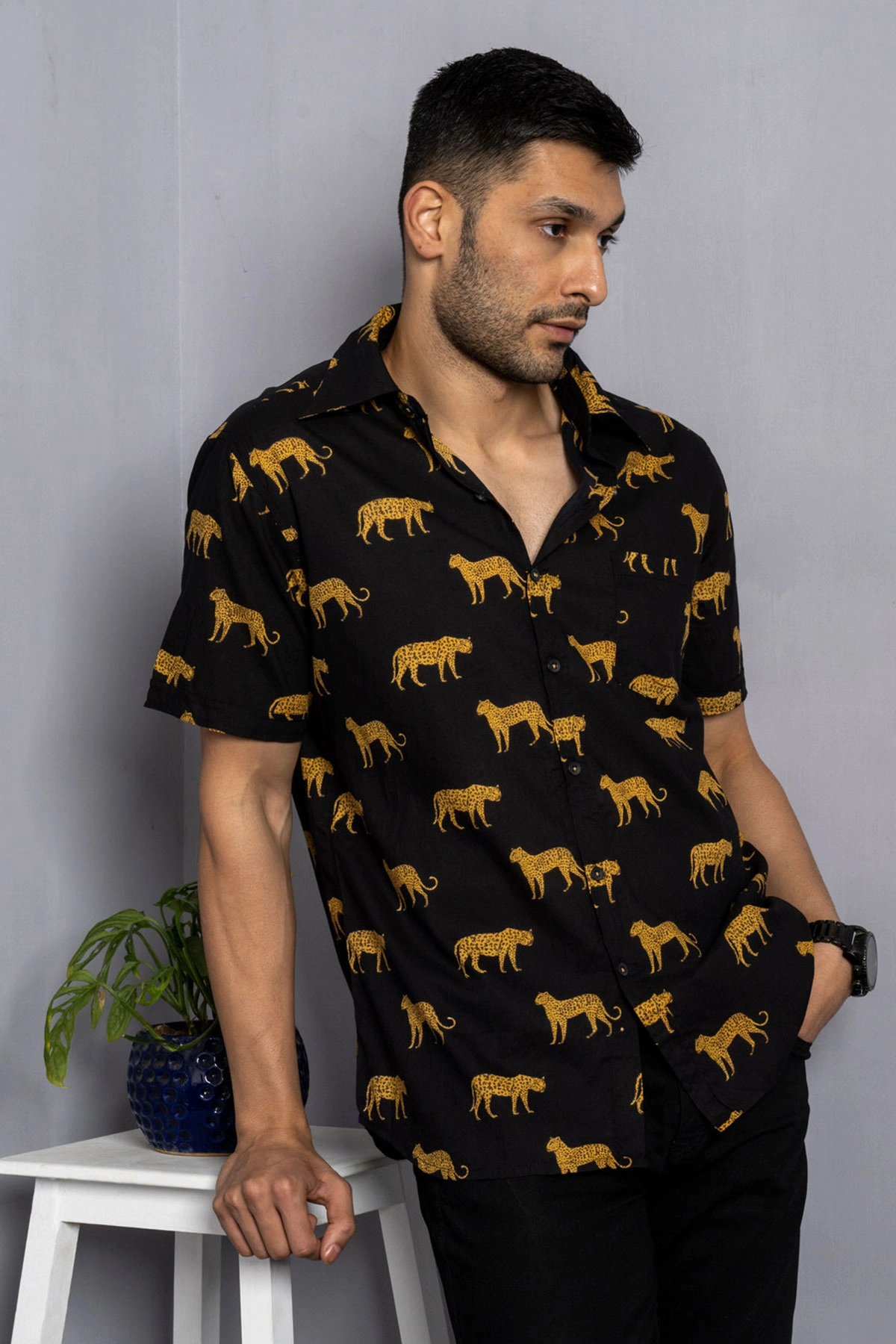 Black color Cheeta print cotton shirt half sleeves-2