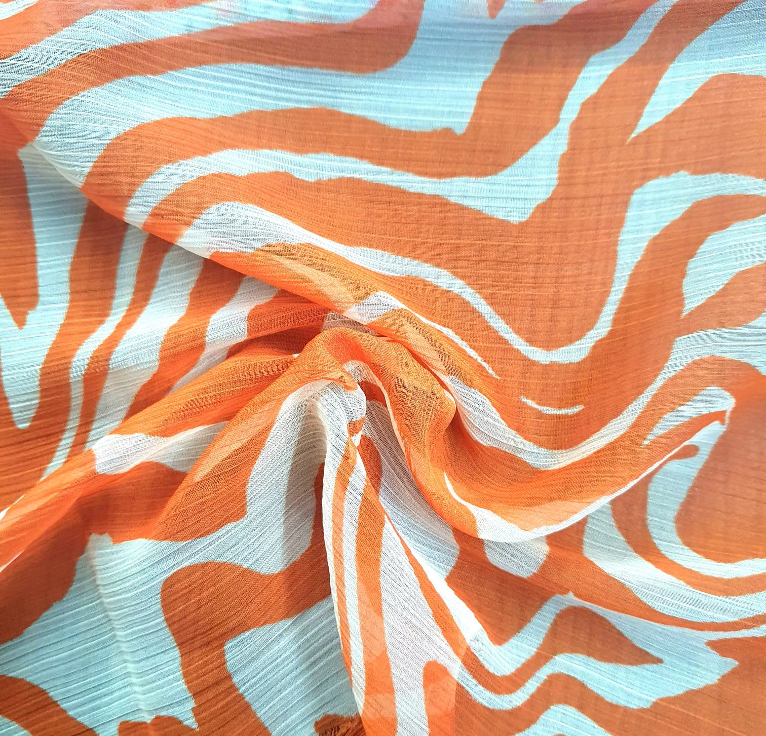 Orange &amp; Off White Abstract print Chiffon Fabric-12542524
