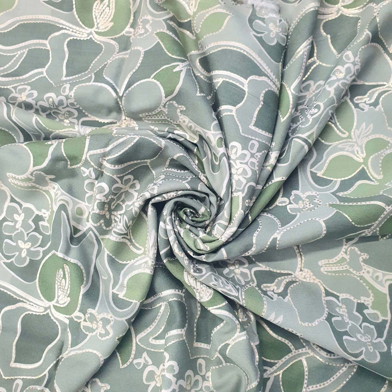 Green Flower on Gray Background Rayon Fabric-12542486