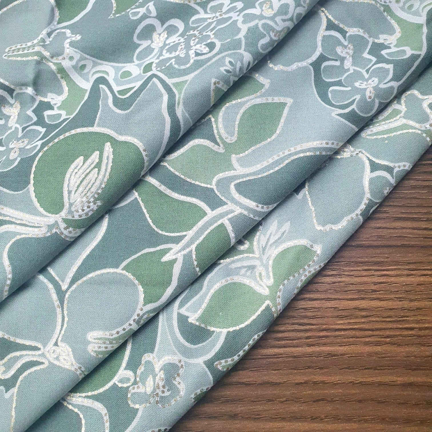 Green Flower on Gray Background Rayon Fabric-1