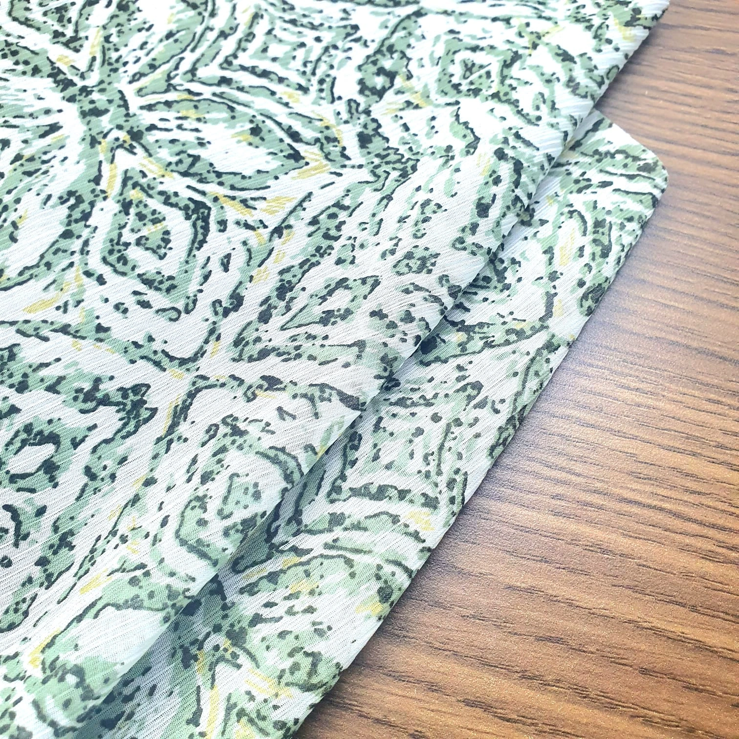 Green &amp; White Floral Chiffon Fabric-1