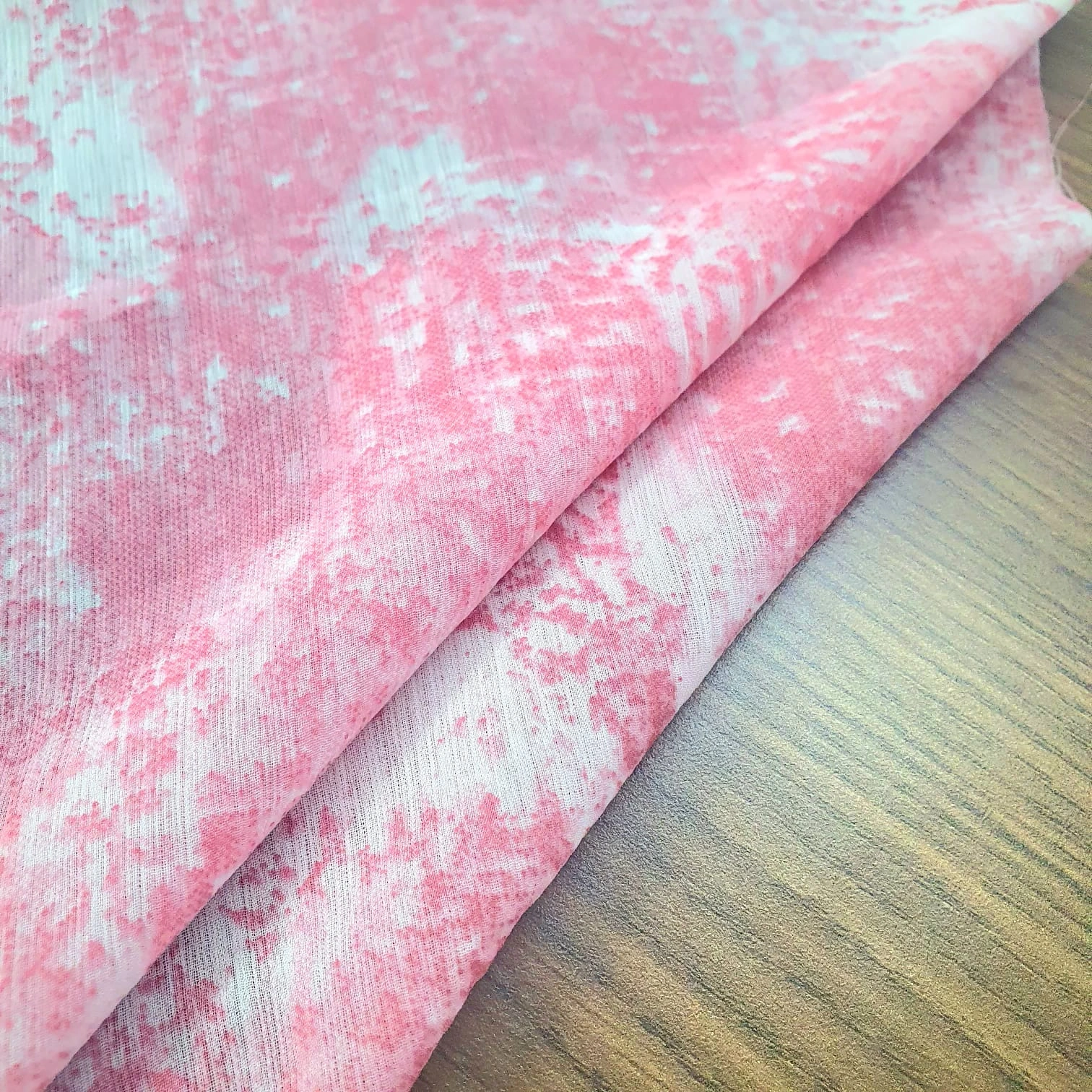 Pink &amp; White Abstract Print Chiffon Fabric-1