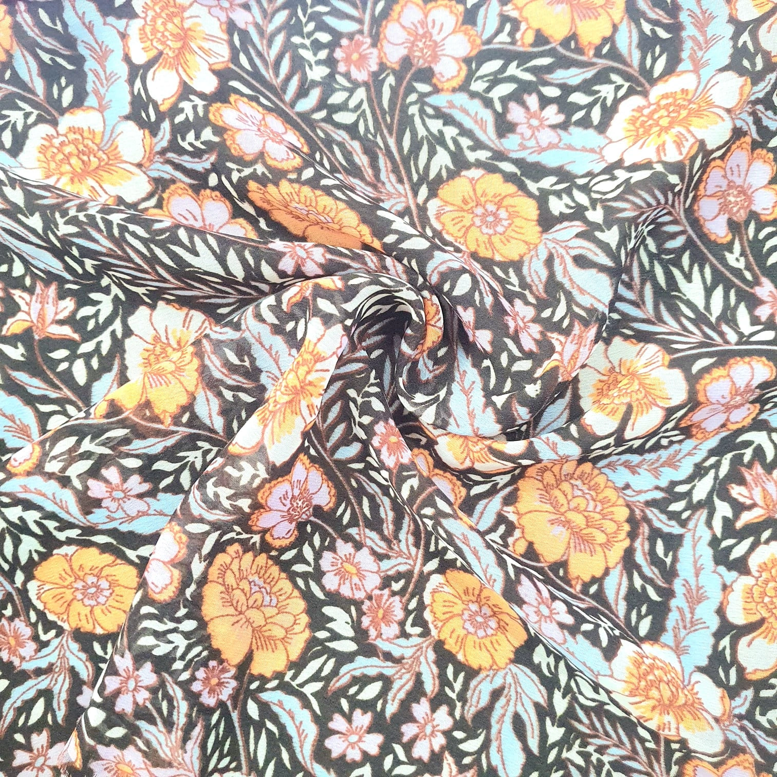 Brown Color Floral Print Weightless Fabric-12542424