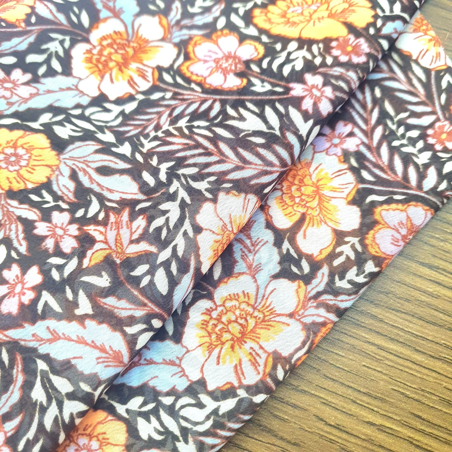 Brown Color Floral Print Weightless Fabric-1