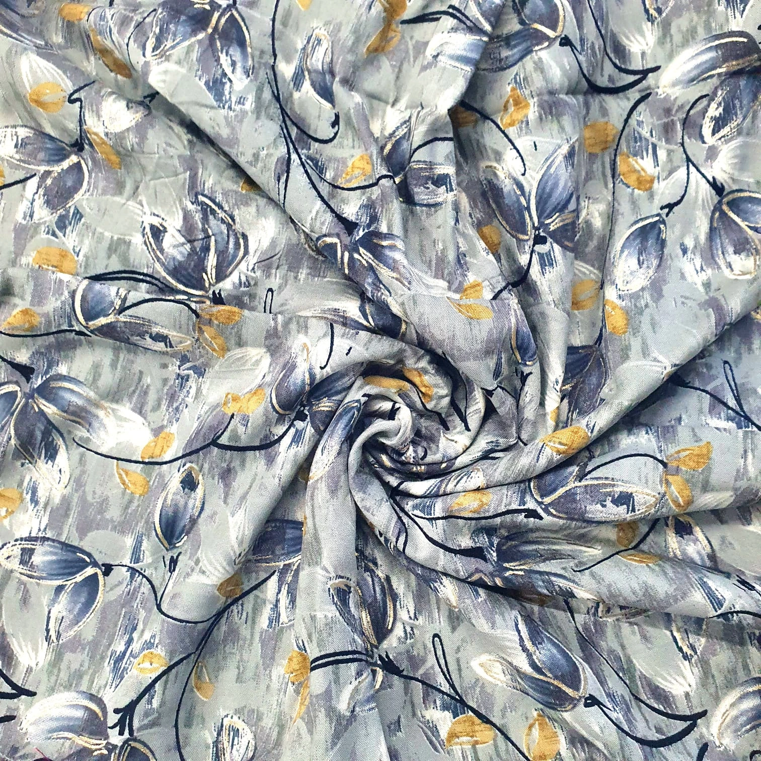 Gray Flower Print Rayon Fabric-12542070