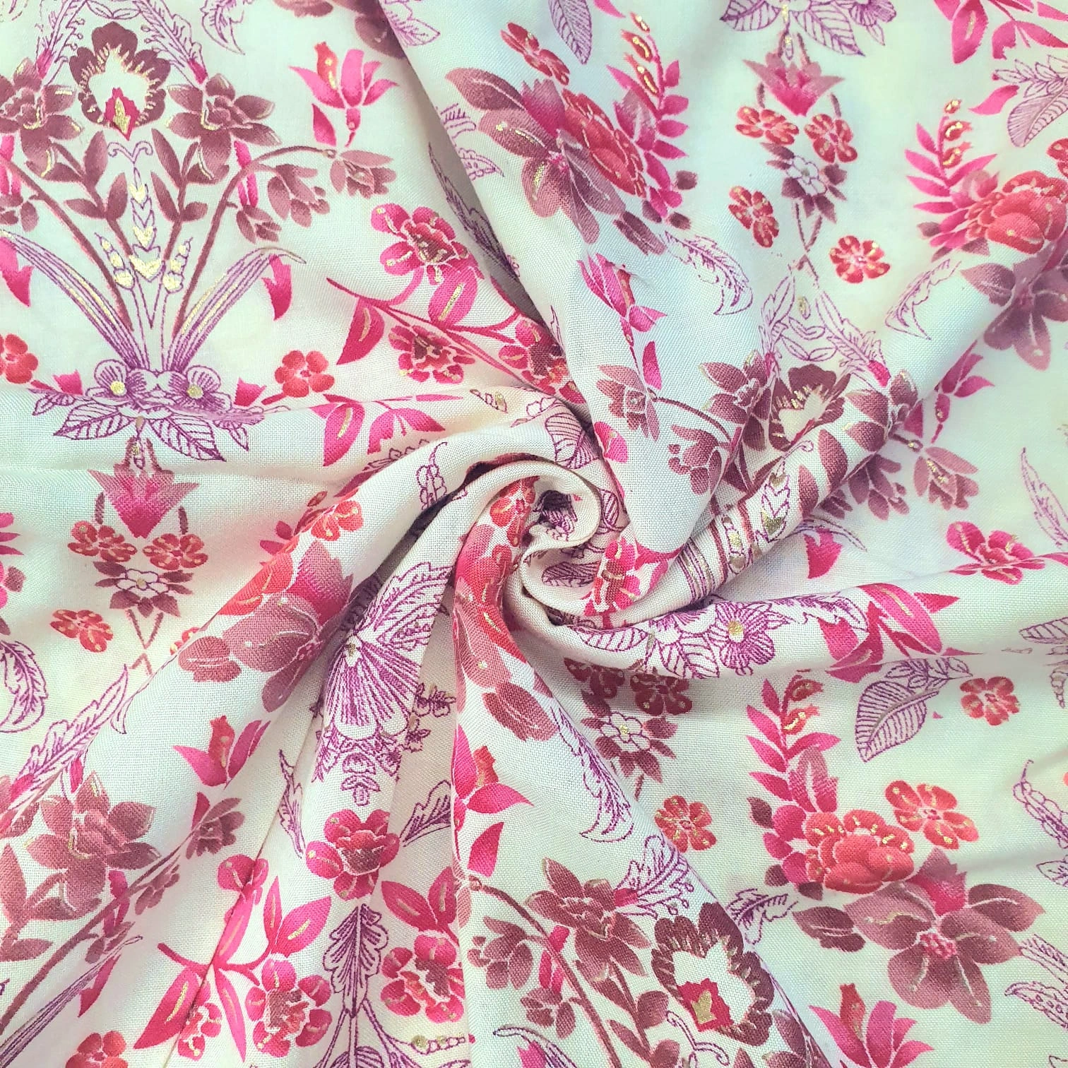 Peach &amp; White Orchids &amp; Roses Hand Block Printed Rayon Fabric-12542068