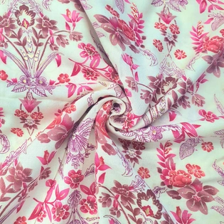 Peach & White Orchids & Roses Hand Block Printed Rayon Fabric