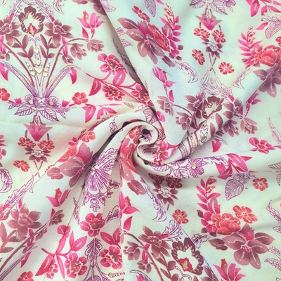 Peach & White Orchids & Roses Hand Block Printed Rayon Fabric