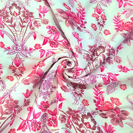 Peach &amp; White Orchids &amp; Roses Hand Block Printed Rayon Fabric-12542068