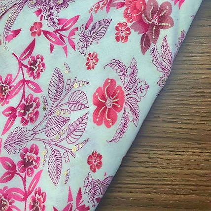 Peach &amp; White Orchids &amp; Roses Hand Block Printed Rayon Fabric-1