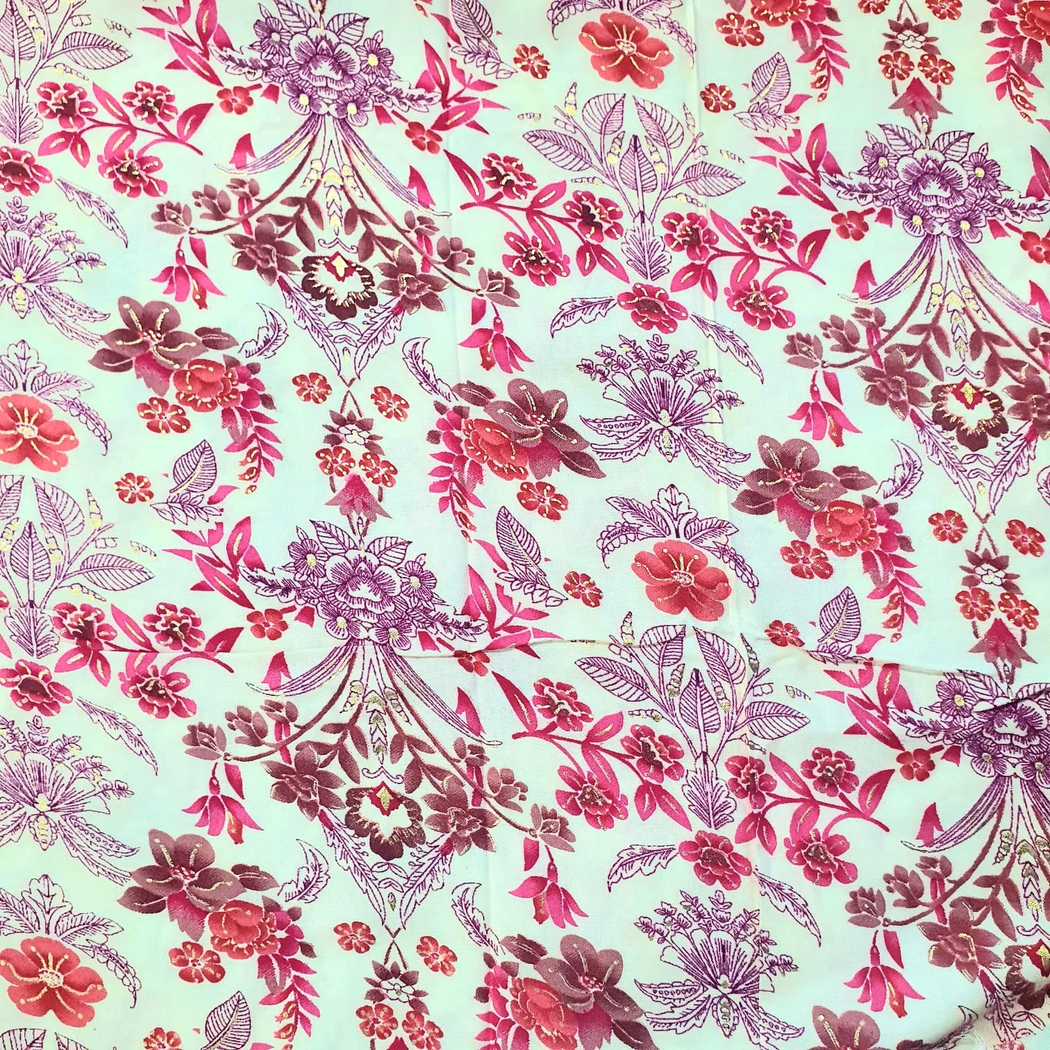 Peach &amp; White Orchids &amp; Roses Hand Block Printed Rayon Fabric-2