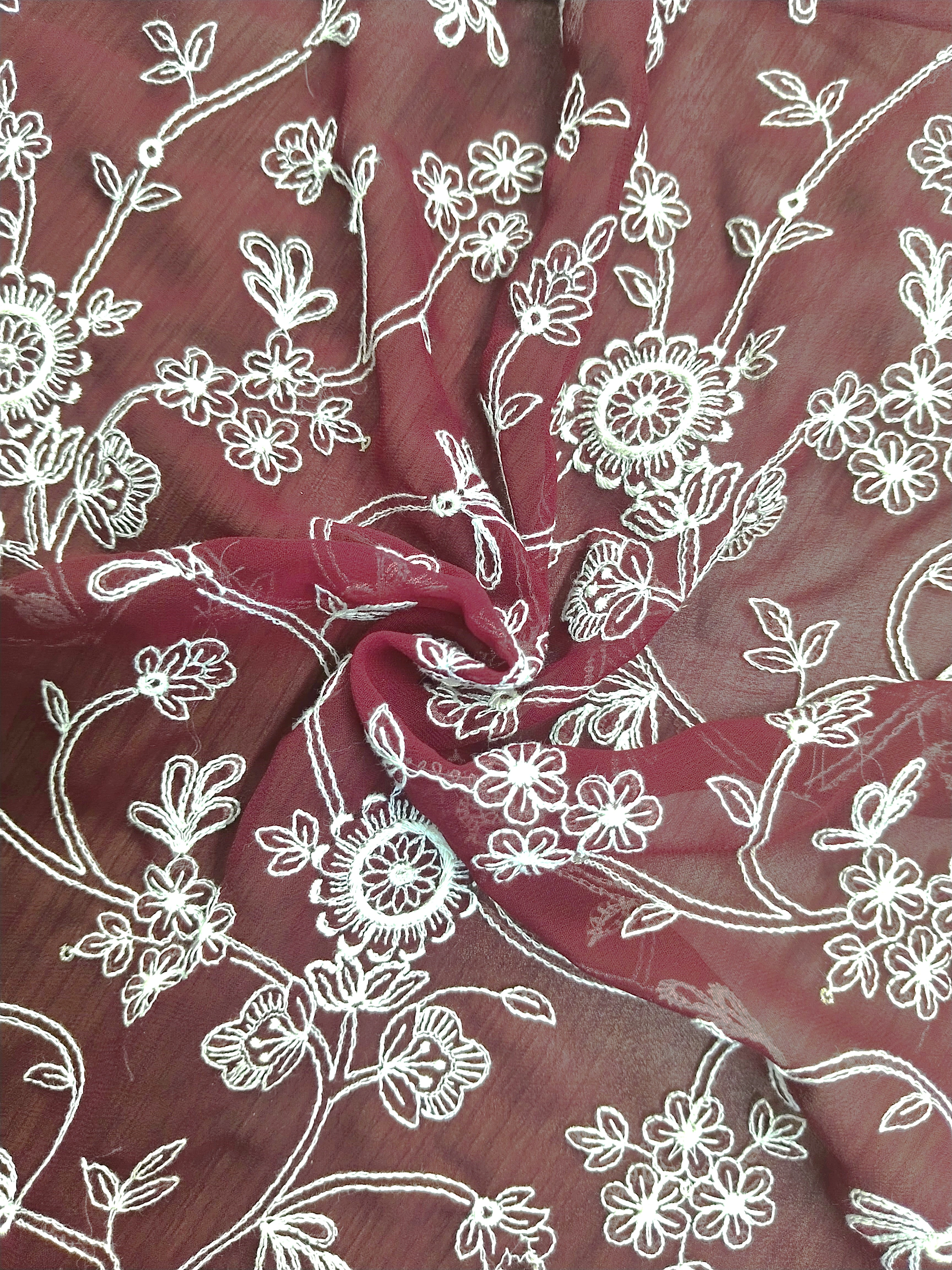 Red &amp; White Parsi Gara Embroidery Fabric-12555884