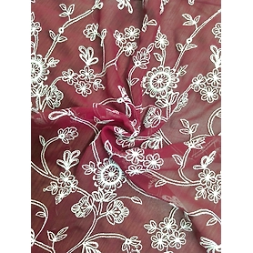Red & White Parsi Gara Embroidery Fabric