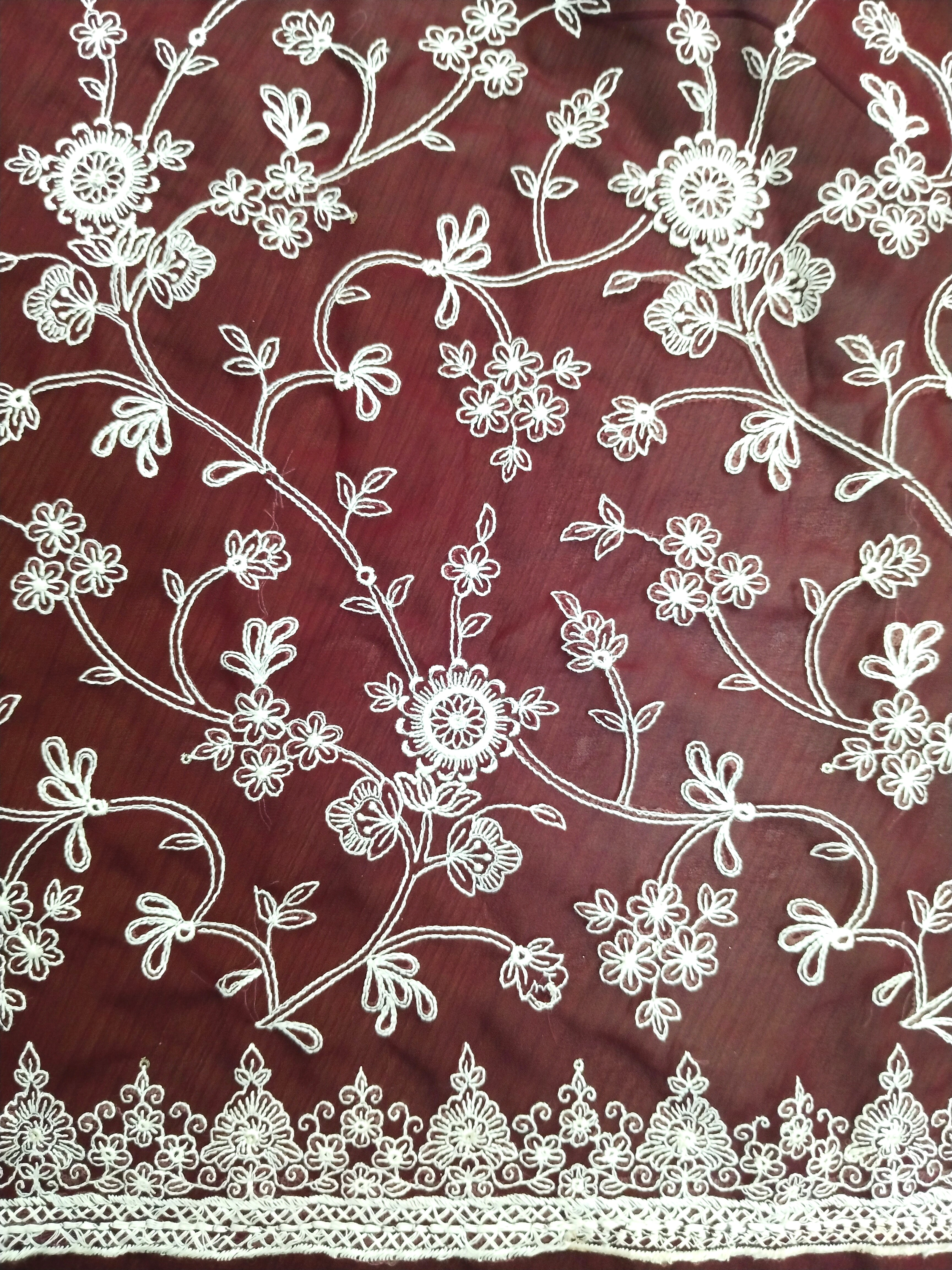 Red &amp; White Parsi Gara Embroidery Fabric-1