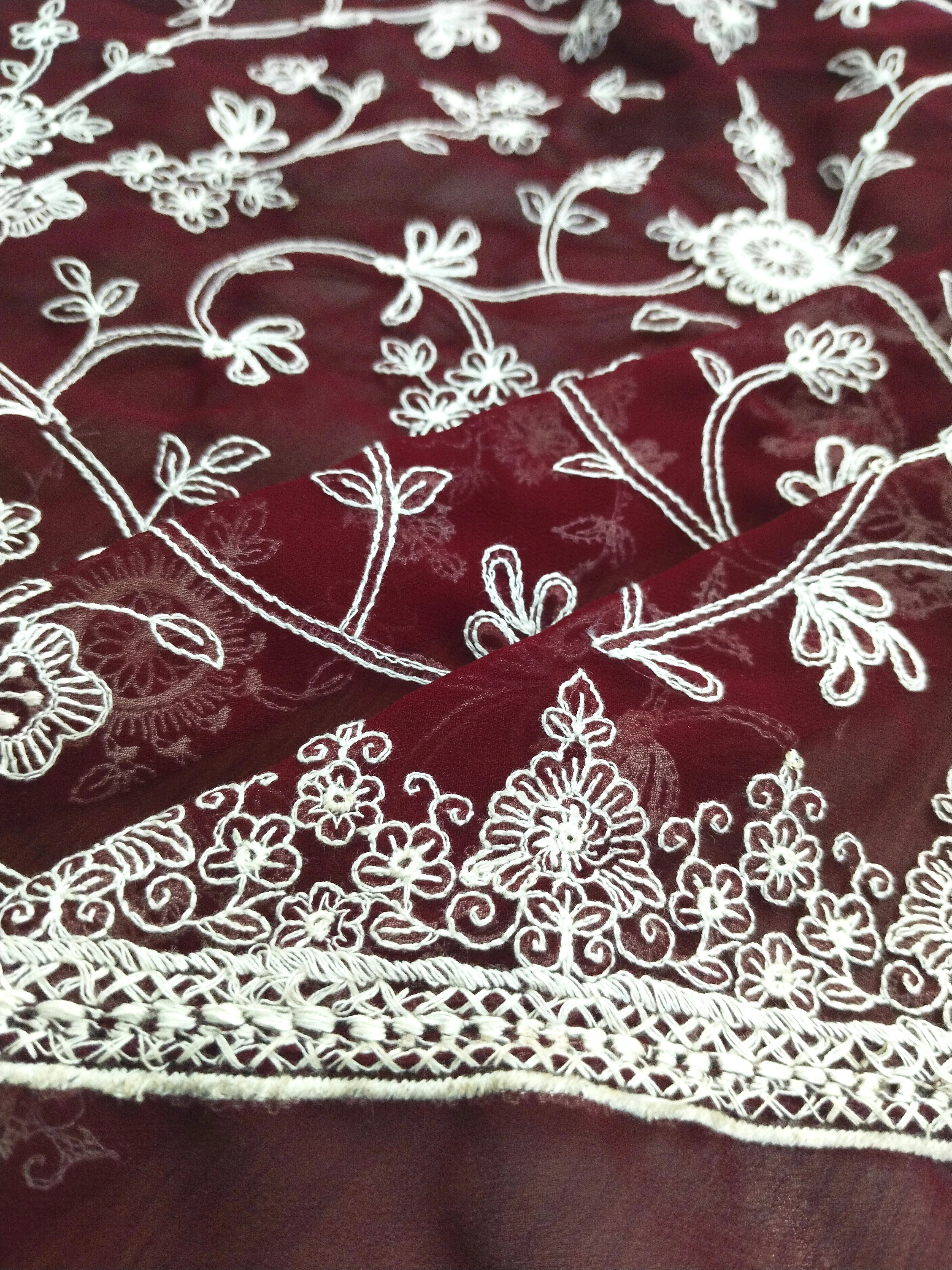 Red &amp; White Parsi Gara Embroidery Fabric-2